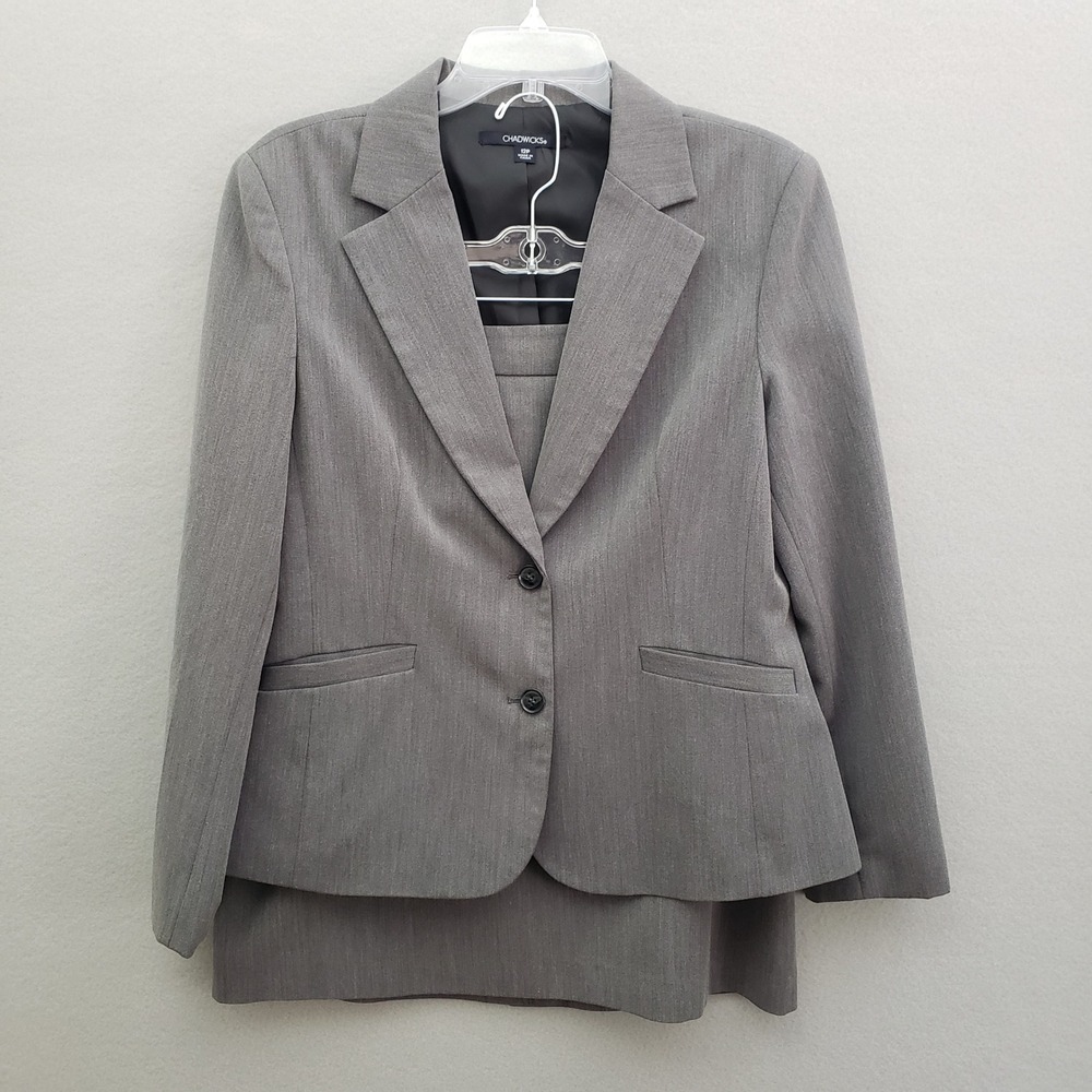 Chadwicks‎ Womens 12P Skirt Suit Gray 2-Button Blazer Petite Professional Career